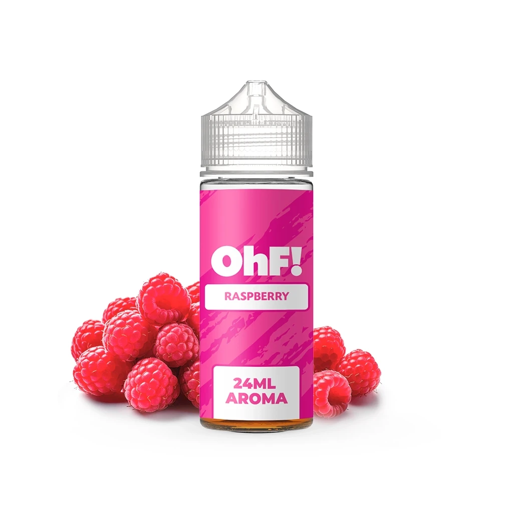 Frasco OhF! Raspberry Longfill con tapón transparente y etiqueta rosa que indica «24ML AROMA», rodeado de frambuesas.