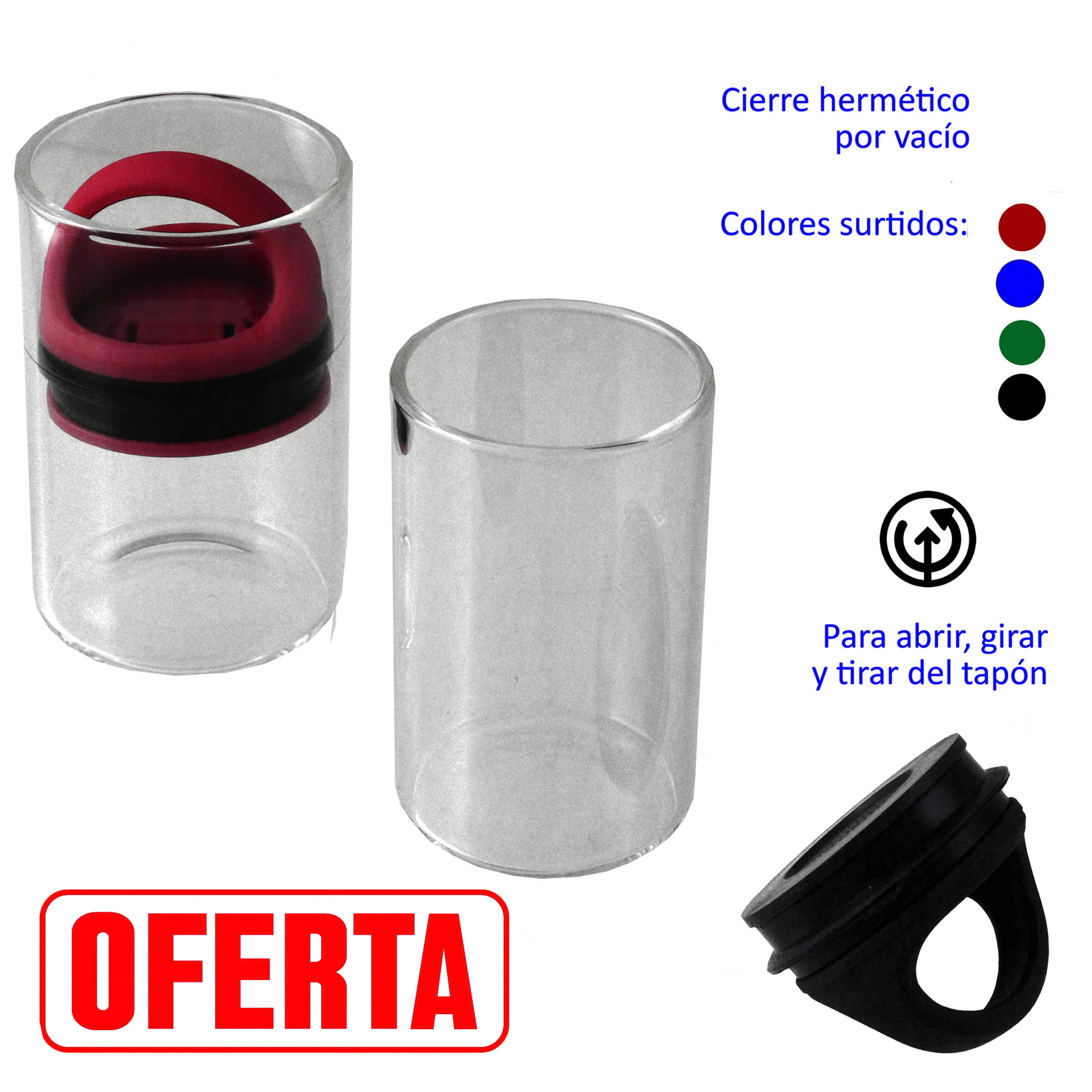 Bote de cristal mostrado abierto y cerrado, con detalle del tapón de vacío y opciones de color rojo, azul, verde y negro.