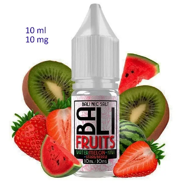 Frasco Bali Fruits con tapón blanco y etiqueta Watermelon + Kiwi + Strawberry, rodeado de frutas; texto de 10 ml y 10 mg.