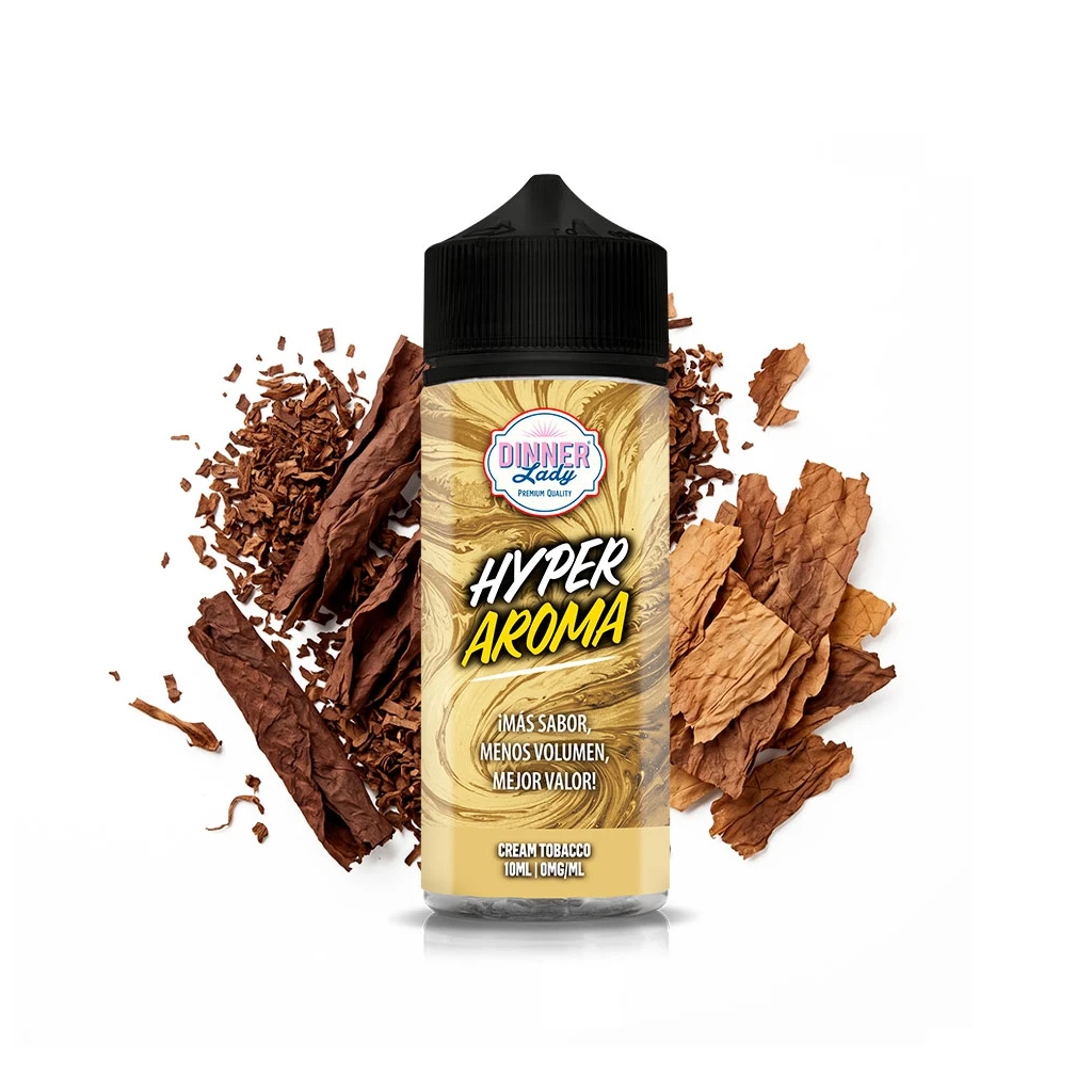 Botella Dinner Lady Hyper Cream Tobacco Longfill con tapón negro y etiqueta dorada, rodeada de hojas de tabaco sobre fondo blanco.