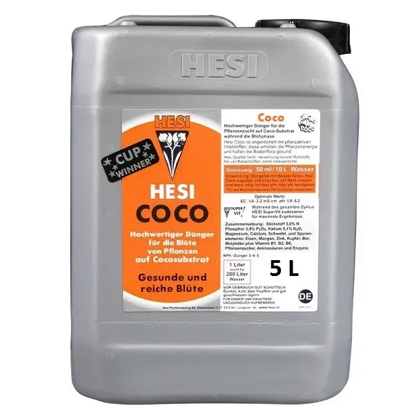 Garrafa gris de Hesi Coco de 5 L, con asa superior, tapón negro y etiqueta naranja y blanca sobre fondo blanco.