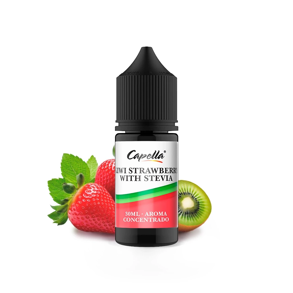 Frasco de aroma Kiwi Strawberry With Stevia de Capella, con tapón negro y etiqueta de 30 ml, acompañado de fresas y medio kiwi.