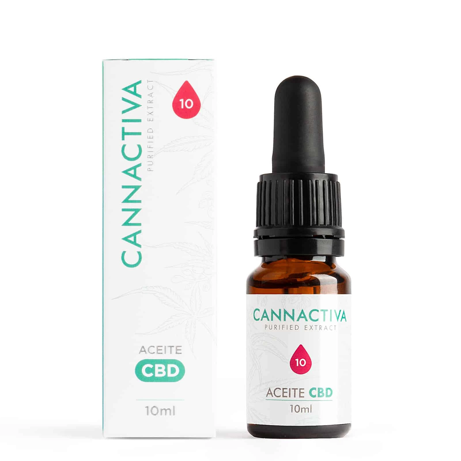 Frasco ámbar de aceite CBD Cannactiva con cuentagotas negro junto a su caja blanca, con letras verdes y una gota rosa marcada con 10.