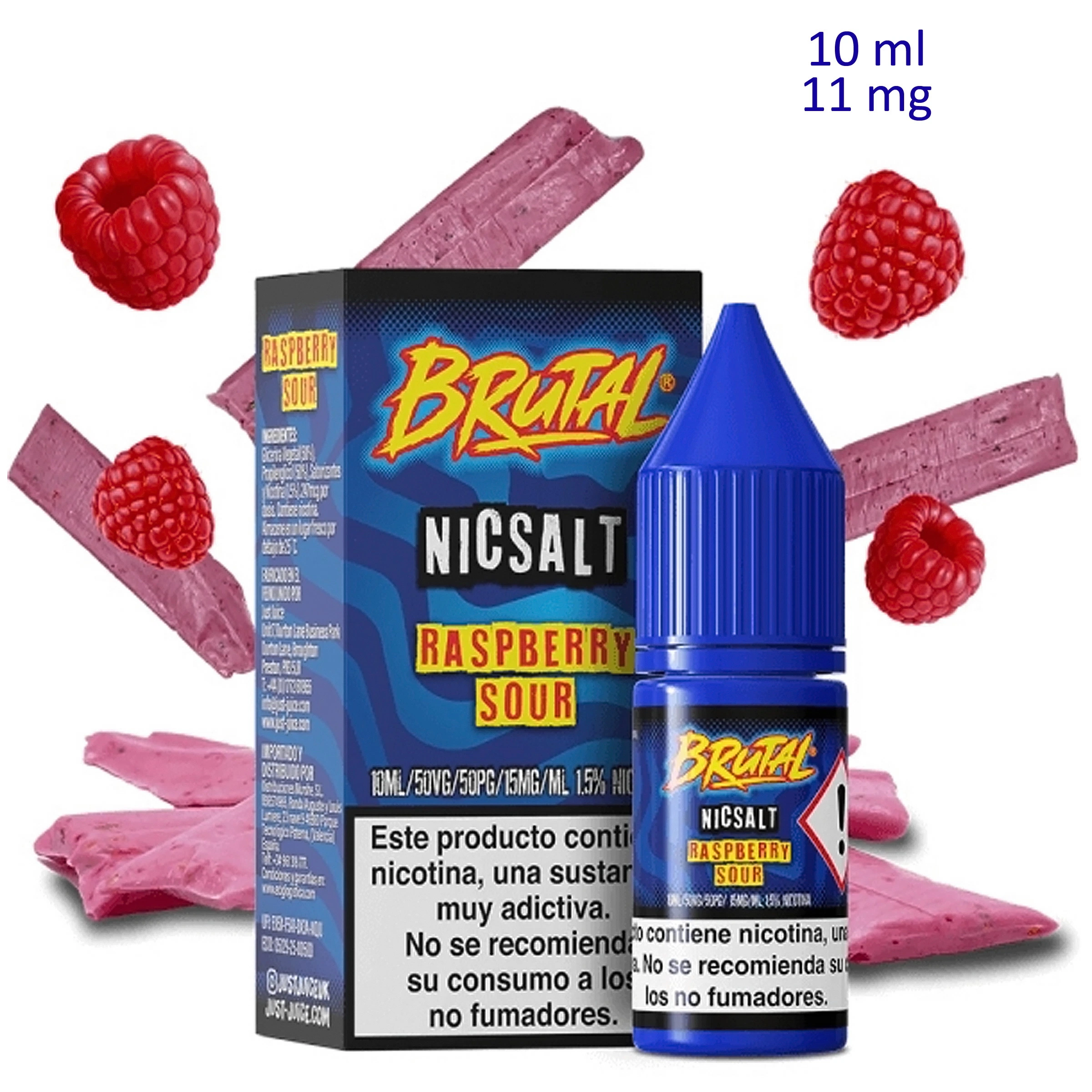Frasco azul y caja de Brutal Salt Raspberry Sour, rodeados de frambuesas y tiras rosas, con texto de 10 ml y 11 mg.