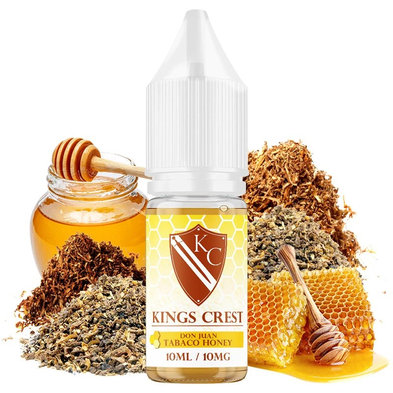 Frasco de Don Juan Tabaco Honey de Kings Crest con tapón blanco y etiqueta amarilla, rodeado de miel, panal y montones de tabaco.