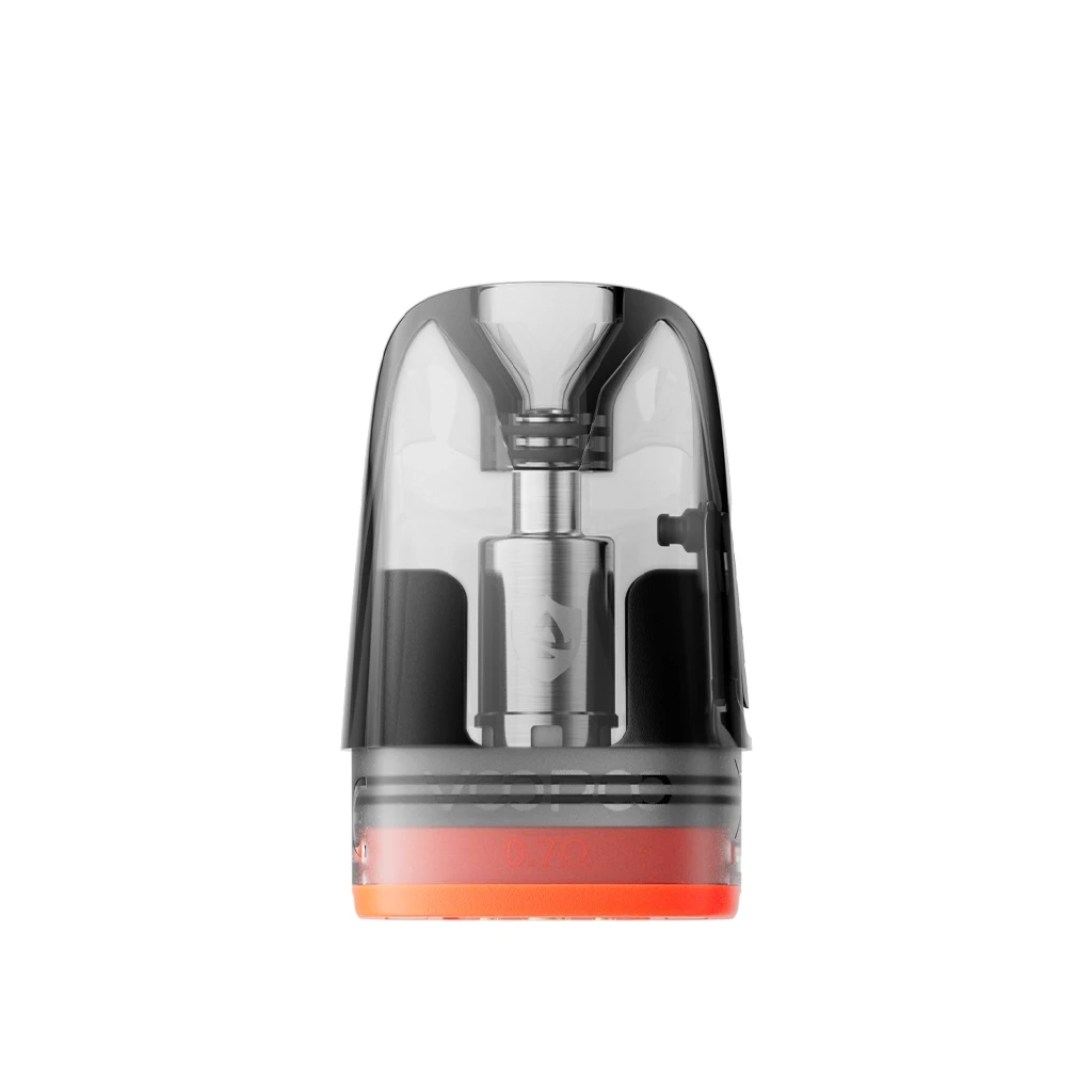 Cartucho de recambio Voopoo Argus con carcasa translúcida oscura, conducto central visible y base naranja sobre fondo blanco.