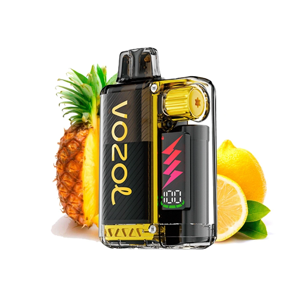 Vozol Vista Plug Pineapple Lemon negro y amarillo, con boquilla oscura y pantalla frontal, junto a una piña y limones.