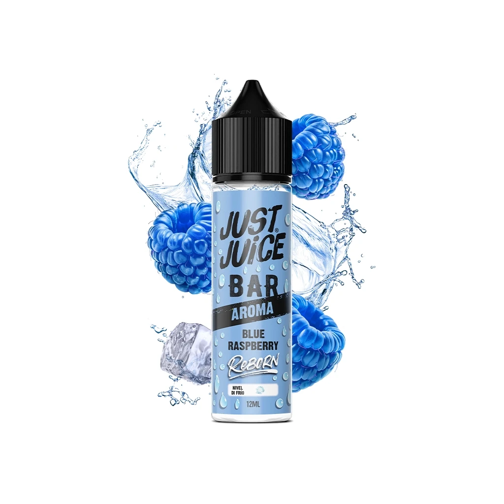 Frasco Just Juice Reborn Blue Raspberry de 12 ml con tapón negro, rodeado de frambuesas azules, salpicaduras de agua y un cubito de hielo.