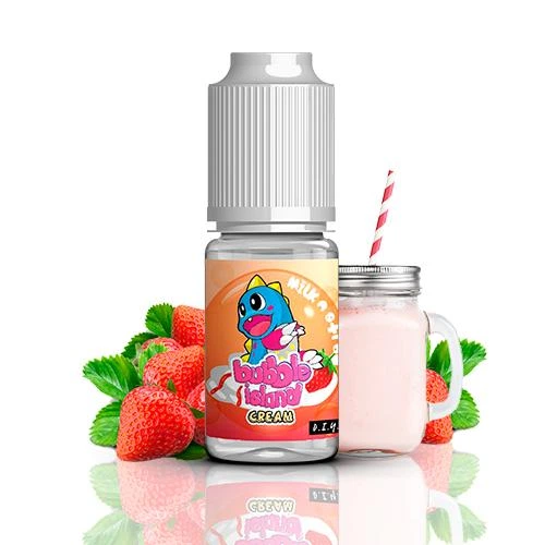 Frasco de aroma Milk N Straw de Bubble Island Cream con tapón blanco, junto a fresas y una jarra de bebida rosa con pajita.
