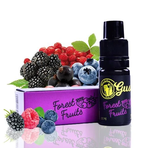 Frasco negro Gusto Forest Fruits junto a su caja morada, con moras, frambuesas, arándanos y hojas verdes alrededor.