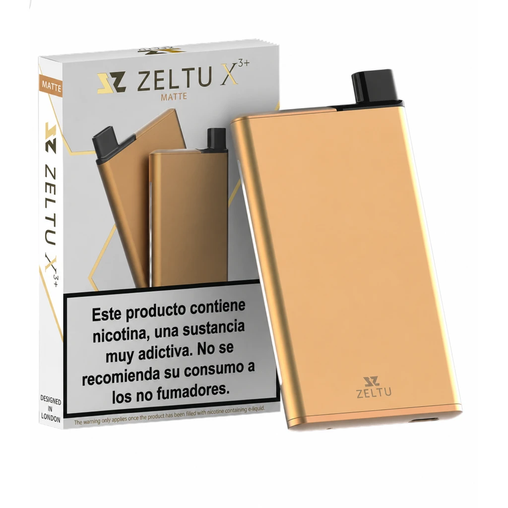 Zeltu X3+ dorado, de cuerpo rectangular y boquilla negra, junto a su caja con advertencia sobre la nicotina.