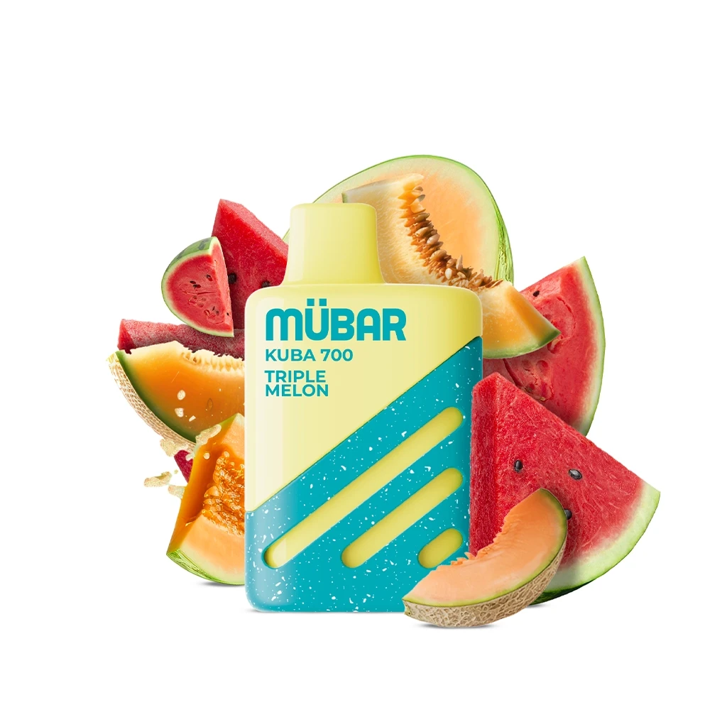 Vaper Mübar Kuba 700 Triple Melon amarillo y turquesa, rodeado de rodajas de sandía y melón sobre fondo blanco.