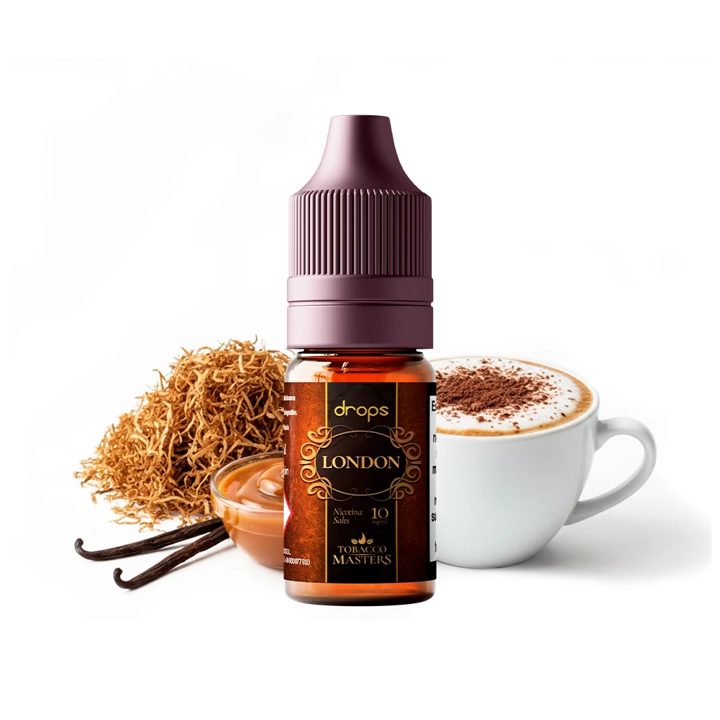 Frasco Drops Tobacco Masters Salts London con tapón morado, rodeado de tabaco, vainas de vainilla, caramelo y una taza con espuma.