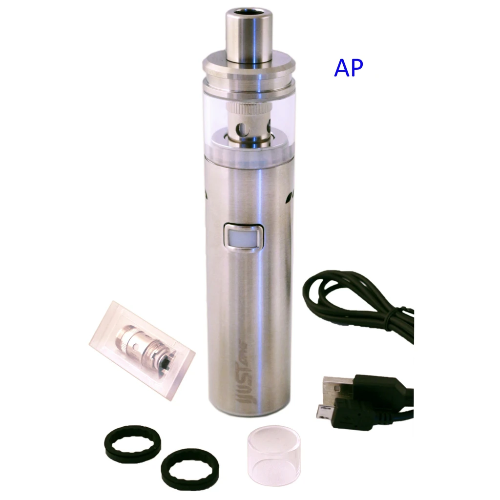 Eleaf iJust One plateado en posición vertical, con depósito transparente, cable USB, resistencia de recambio, juntas y cilindro transparente.