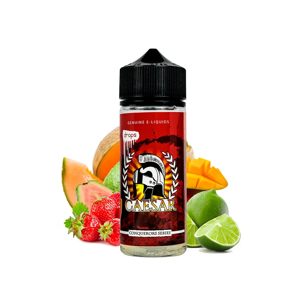 Botella Drops Caesar Longfill con tapón negro y etiqueta roja con casco romano, rodeada de fresas, lima, melón y mango.