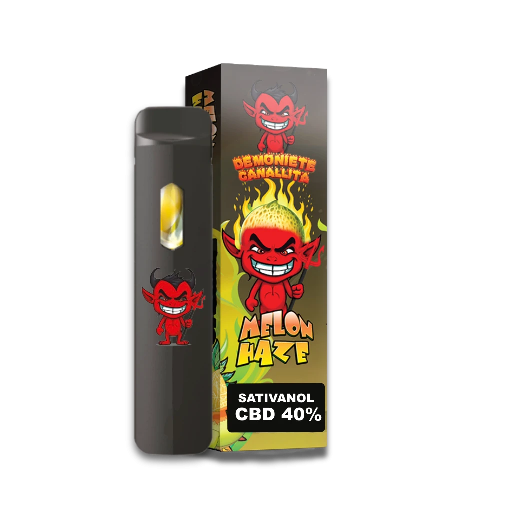 Pod negro Demoniete Canallita junto a su caja Melon Haze, con dibujos de un diablillo rojo y la inscripción «Sativanol CBD 40%».