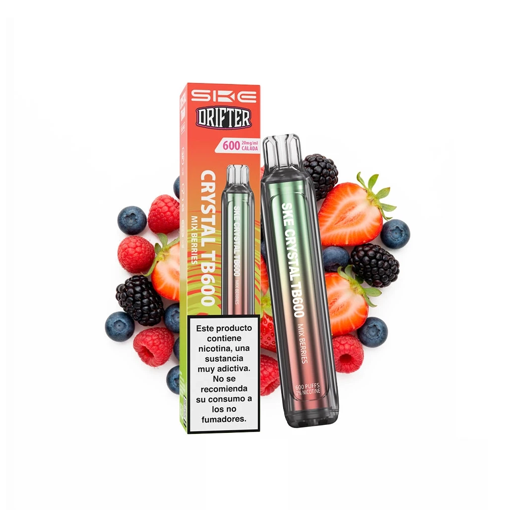 Vapeador SKE x Drifter Crystal TB600 Mix Berries junto a su caja con advertencia sobre nicotina, rodeado de frutos rojos y arándanos.