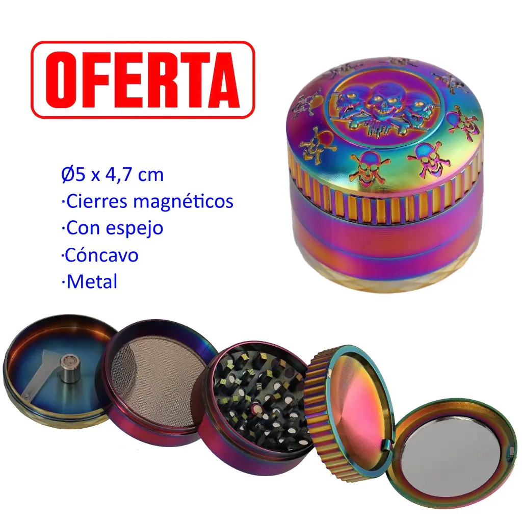 Grinder Skull de acabado multicolor iridiscente con calaveras, mostrado cerrado y desmontado, con dientes, tamiz y espejo.