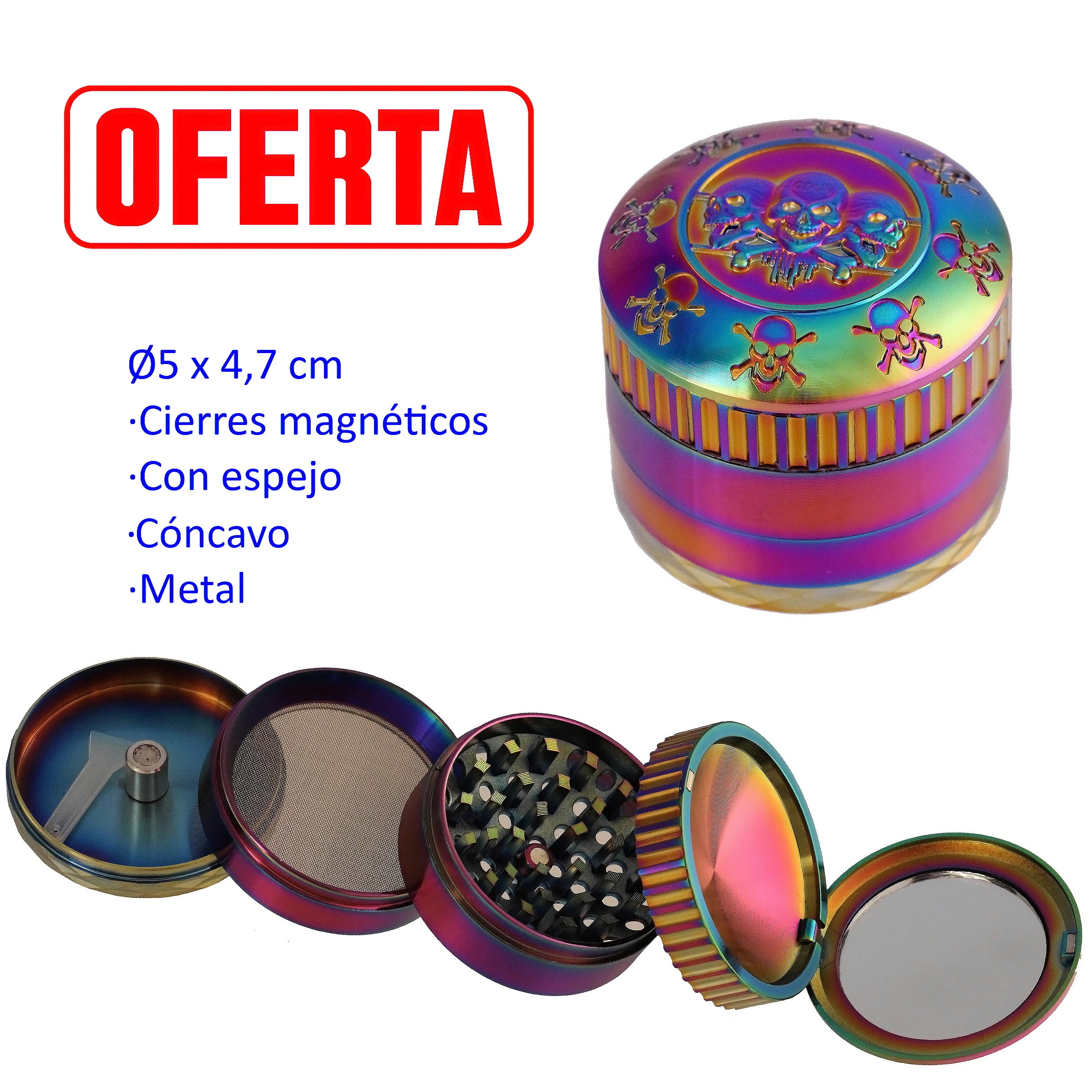 Grinder Skull de acabado multicolor iridiscente con calaveras, mostrado cerrado y desmontado, con dientes, tamiz y espejo.