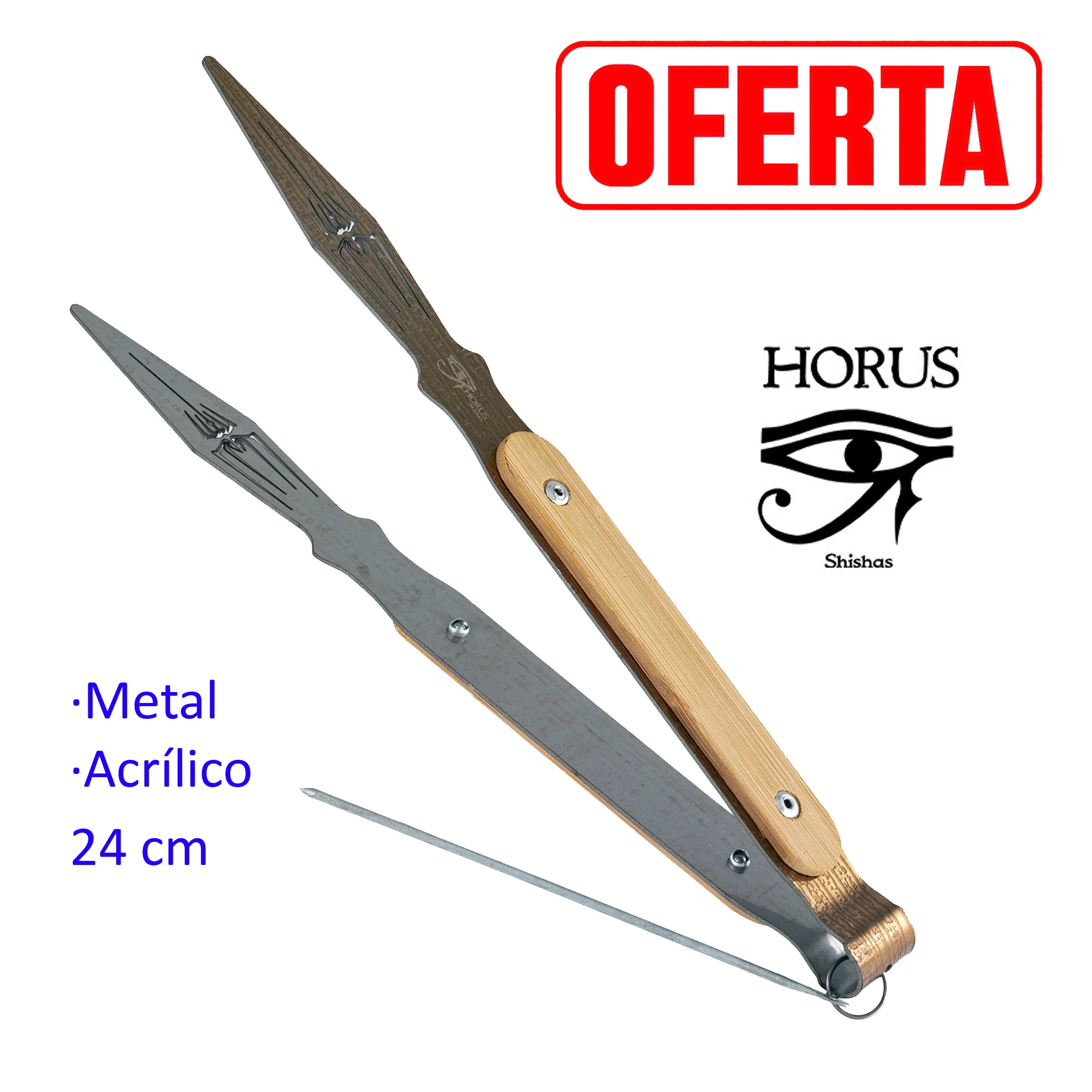 Pinza Horus Shishas de 24 cm abierta, con brazos metálicos puntiagudos, agarres de tono madera y una varilla fina junto a la bisagra.