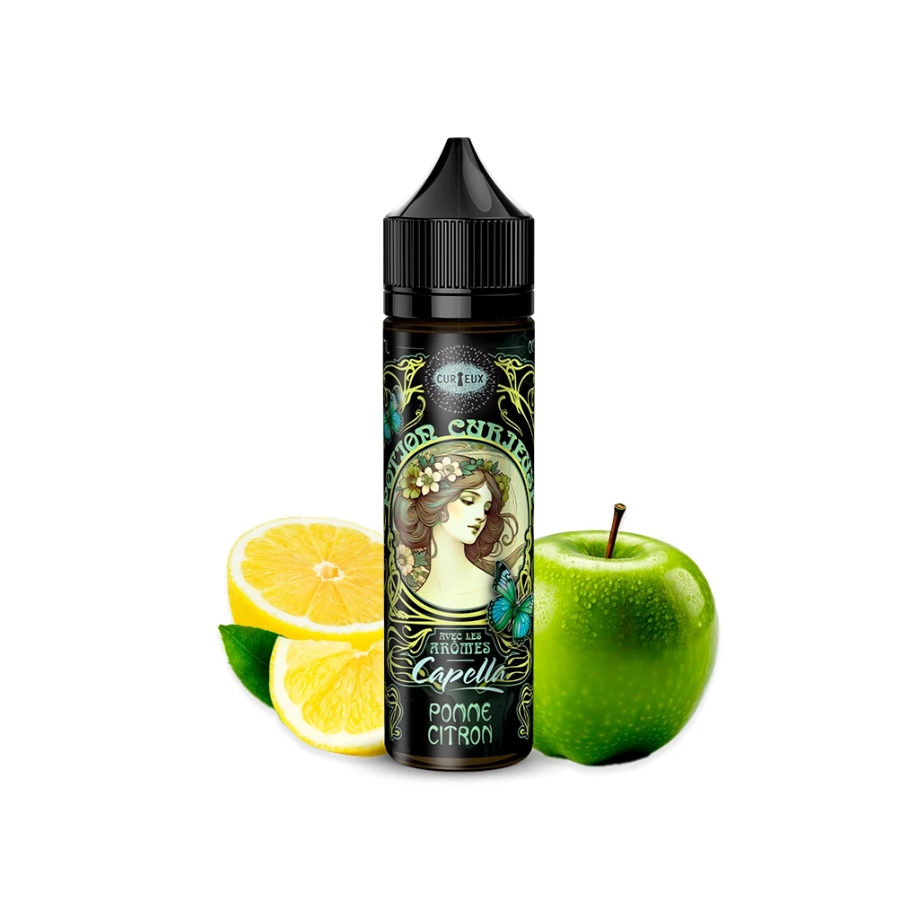 Frasco Curieux Apple Lemon con tapón negro y etiqueta ilustrada con un retrato femenino, acompañado de una manzana verde y limón cortado.