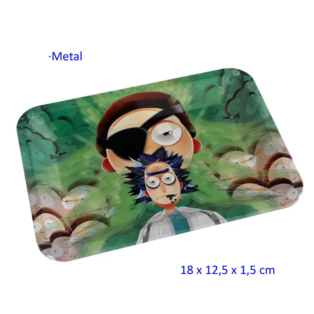 Bandeja para liar rectangular con bordes redondeados y estampado verde de personajes de dibujos animados, uno con parche en el ojo.