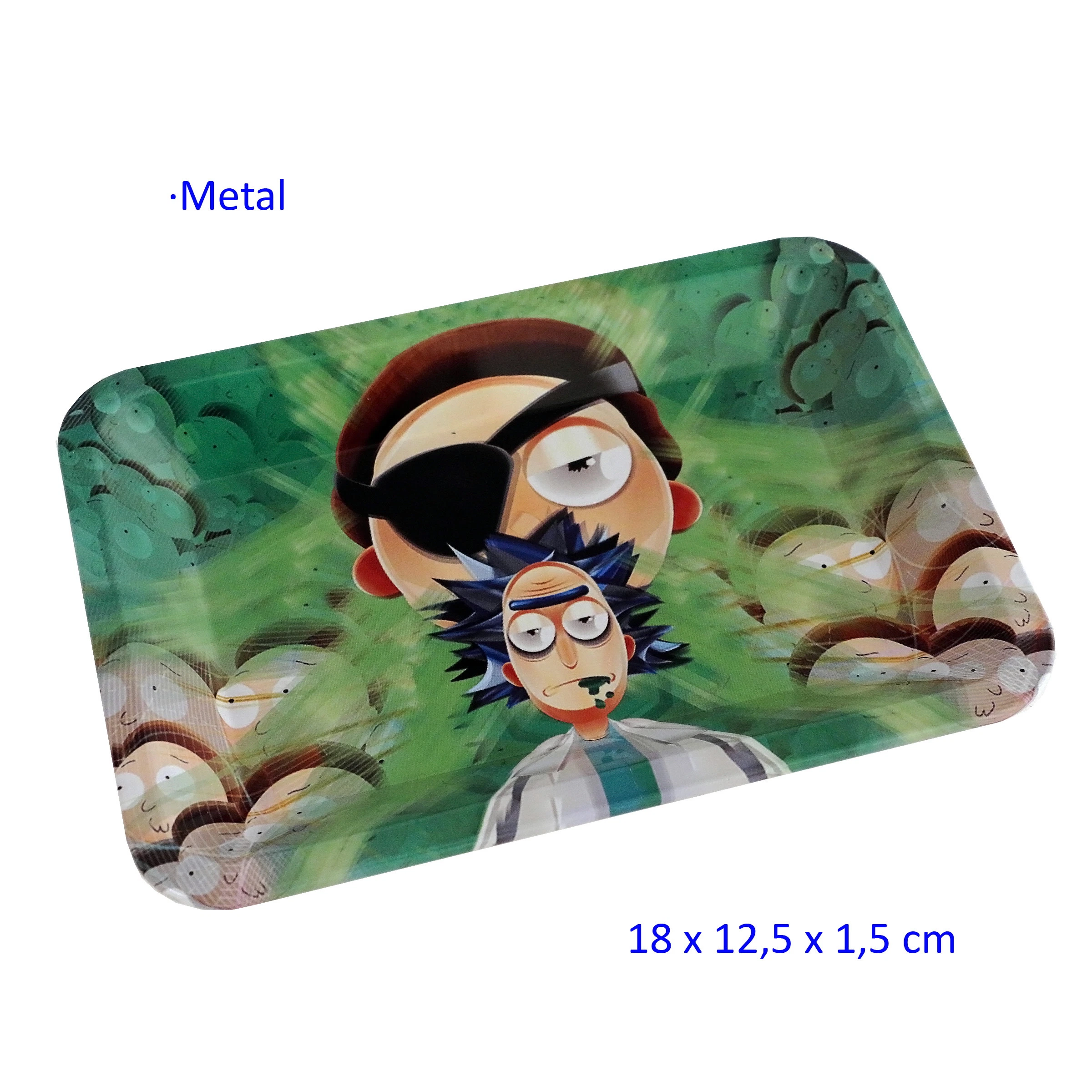 Bandeja para liar rectangular con bordes redondeados y estampado verde de personajes de dibujos animados, uno con parche en el ojo.