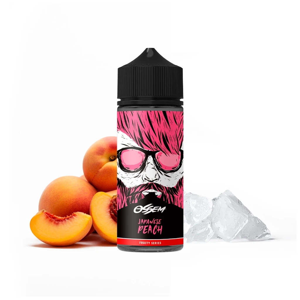 Bote Ossem Japanese Peach con tapón negro y etiqueta de un rostro con pelo y gafas rosas, junto a melocotones y hielo.