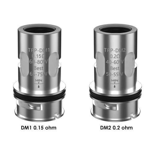Comparación de resistencias Voopoo TPP metálicas: DM1 de 0,15 ohm y DM2 de 0,2 ohm, con juntas negras y aberturas laterales. Comparación de resistencias Voopoo TPP metálicas: DM1 de 0,15 ohm y DM2 de 0,2 ohm, con juntas negras y aberturas laterales.