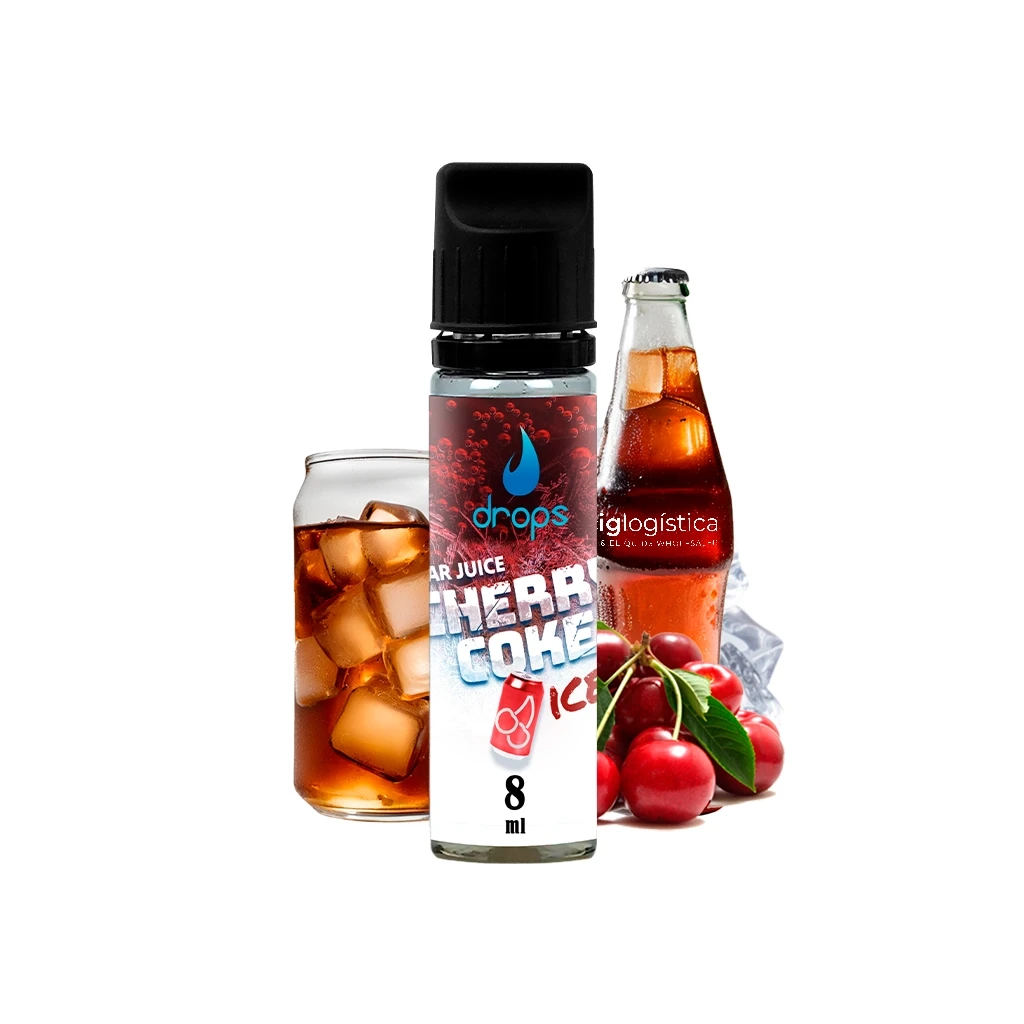 Frasco Drops Bar Juice Cherry Coke Ice de 8 ml con tapón negro, acompañado de cerezas, hielo, un vaso y una botella de refresco.