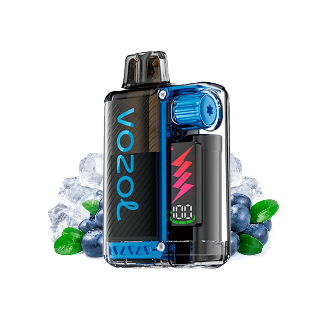Vozol Vista Plug Blueberry Ice con carcasa transparente azul, boquilla oscura y pantalla, rodeado de arándanos y hielo.