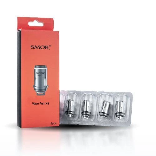 Caja roja SMOK Vape Pen X4 junto a un blíster con varias resistencias metálicas sobre fondo blanco.