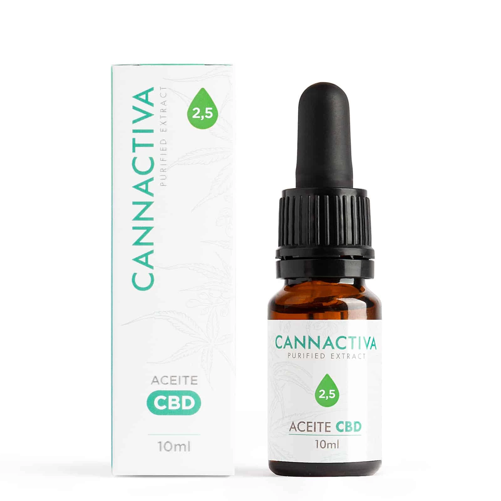 Frasco ámbar de aceite CBD Cannactiva con cuentagotas negro junto a su caja blanca; etiquetas verdes con 2,5 y 10 ml.