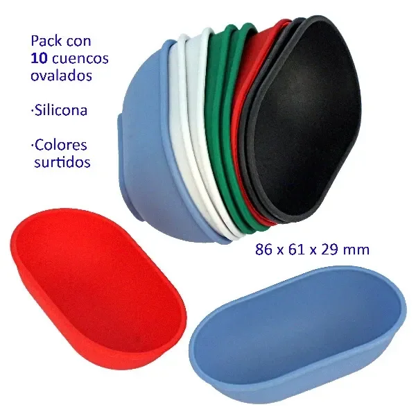 Cuencos ovalados de silicona en colores surtidos, apilados y separados, con modelos rojo y azul en primer plano sobre fondo blanco.