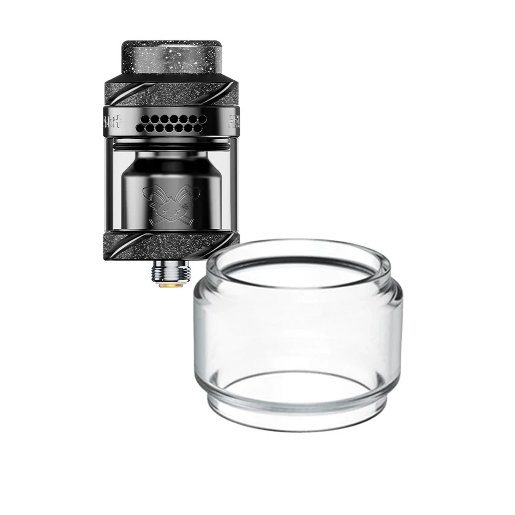 Cristal transparente abombado para Hellvape Dead Rabbit Solo 2 RTA, mostrado junto a un atomizador negro sobre fondo blanco.