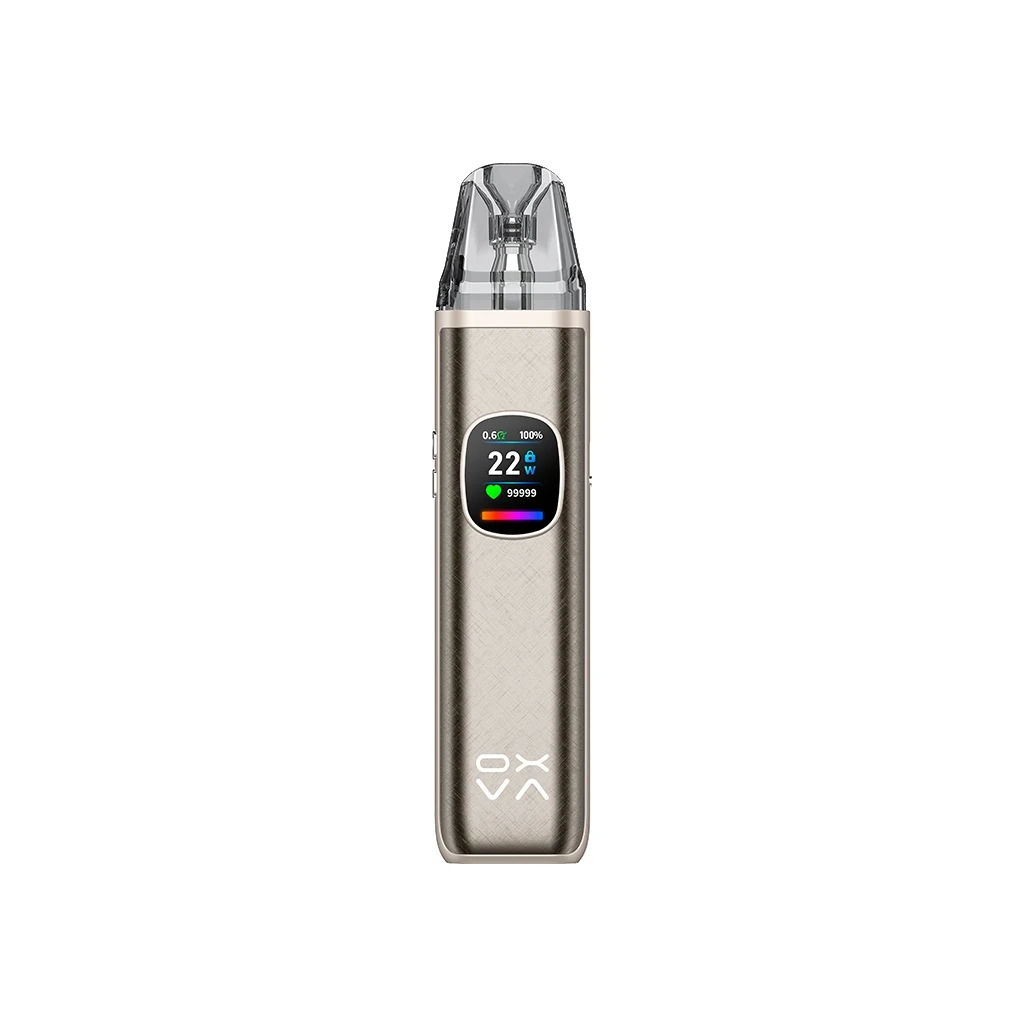 Oxva Xlim Pro 2 DNA en vista frontal, con cuerpo gris metalizado, boquilla translúcida oscura y pantalla a color que muestra 22 W.