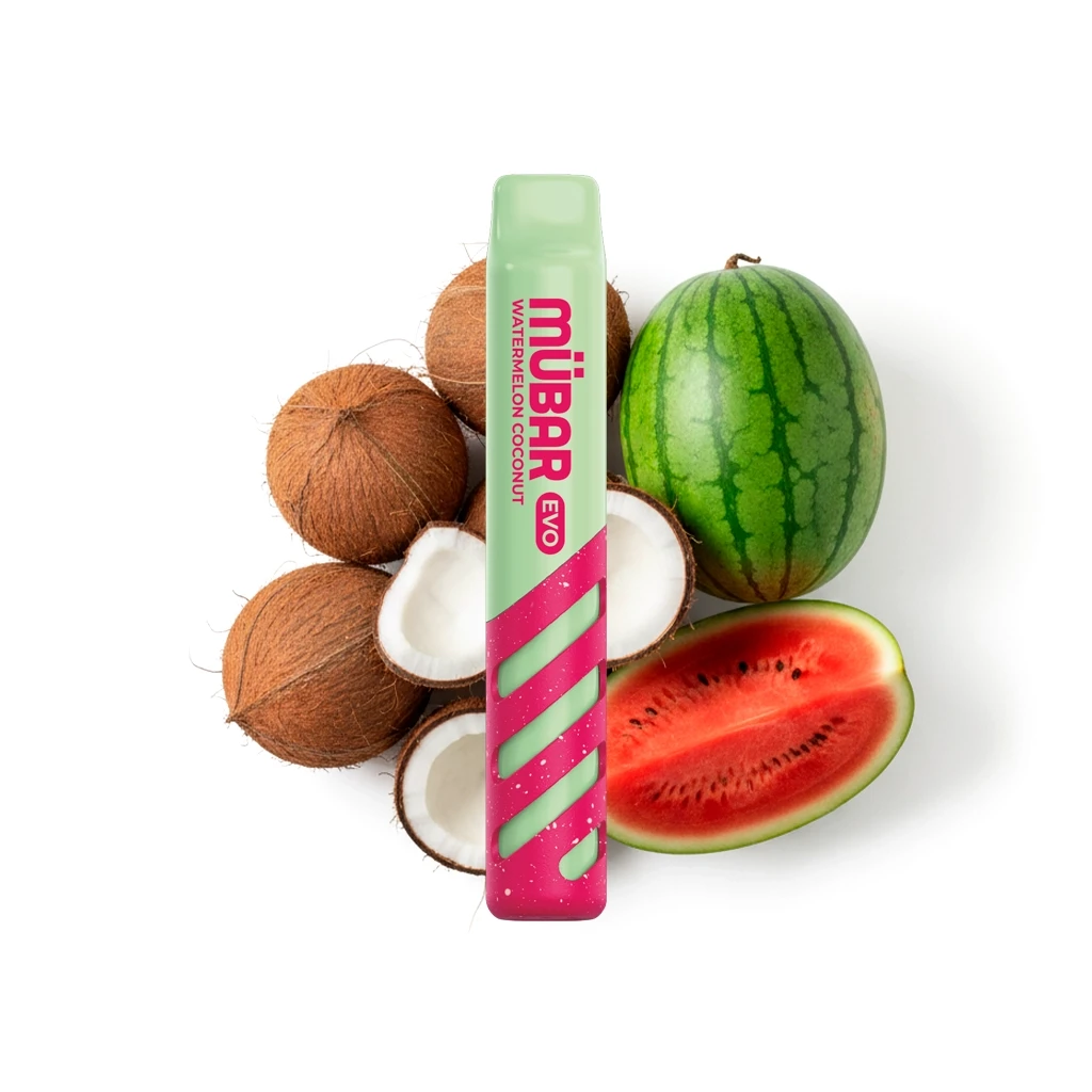 Vaper Mübar Evo Watermelon Coconut verde y rosa, en posición vertical ante cocos enteros y abiertos y una sandía entera y cortada.