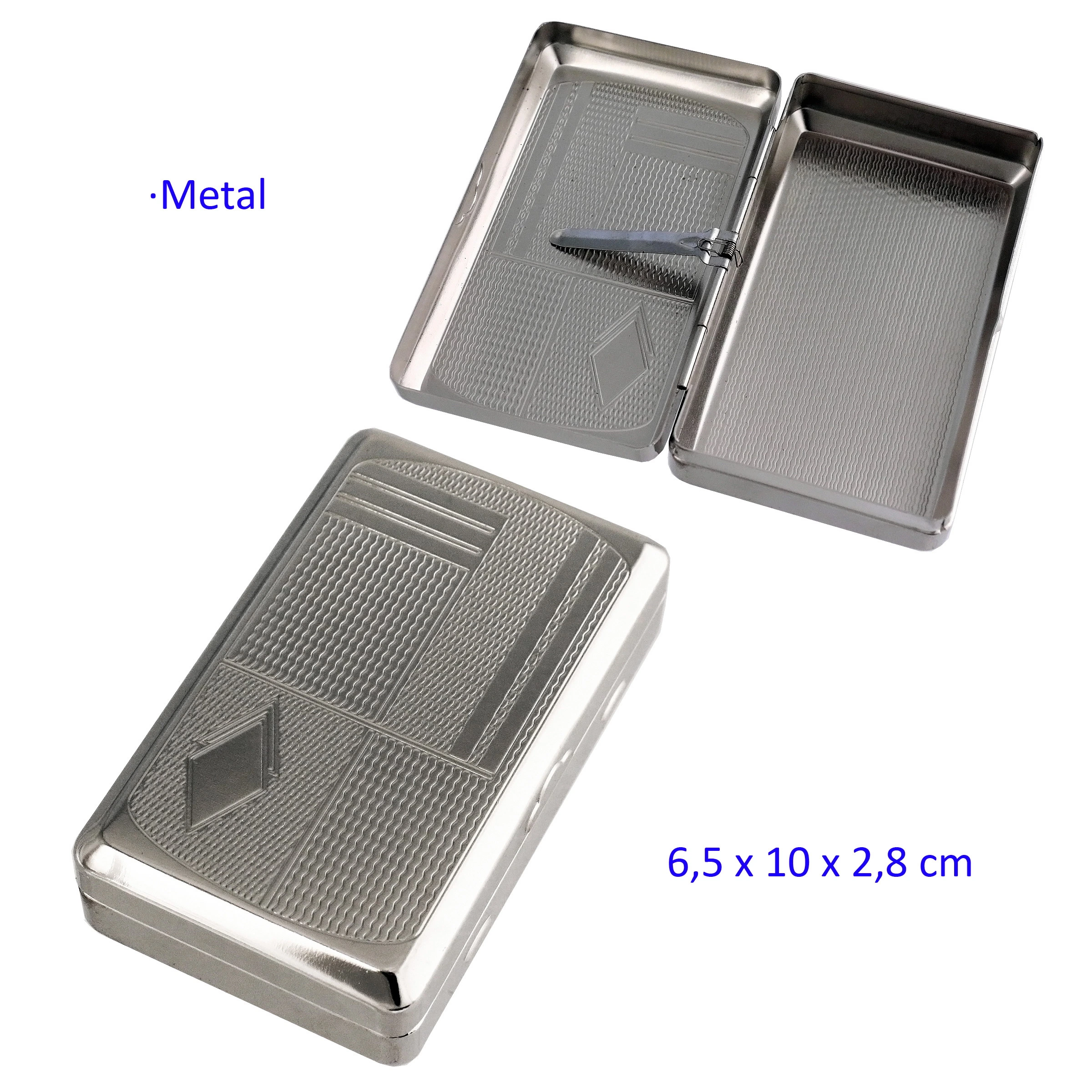 Caja metálica para tabaco mostrada abierta y cerrada, con grabado geométrico exterior y una presilla interior.