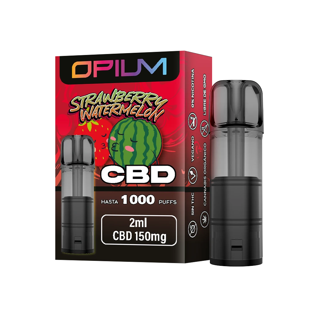 Cartucho desechable Opium Strawberry Watermelon junto a su caja roja y negra, con dibujos de fresa y sandía y etiqueta CBD 150 mg, 2 ml.