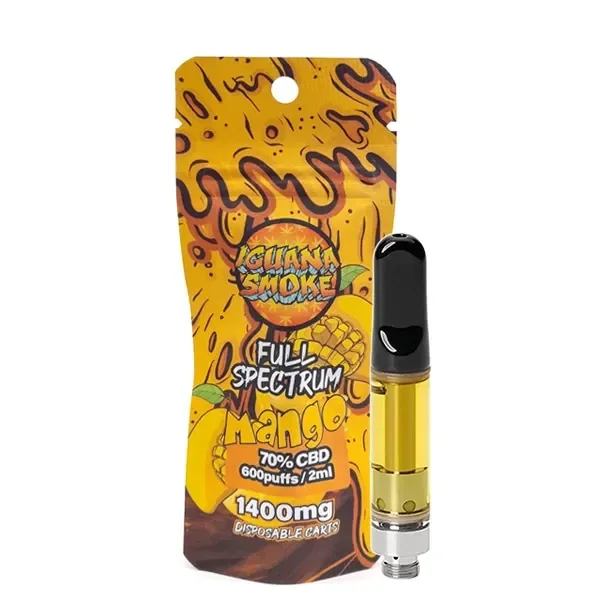 Cartucho Iguana Smoke con boquilla negra y líquido amarillo junto a su envase Mango, rotulado Full Spectrum y 70 % CBD.
