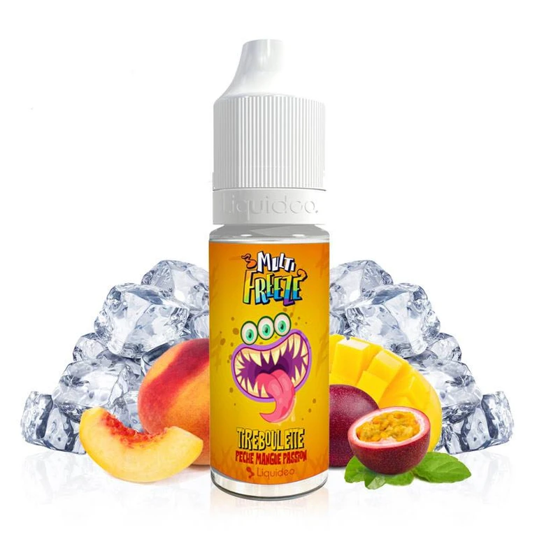 Frasco Tireboulette Multi Freeze Liquideo con tapón blanco y etiqueta naranja, rodeado de hielo, melocotón, mango y maracuyá.
