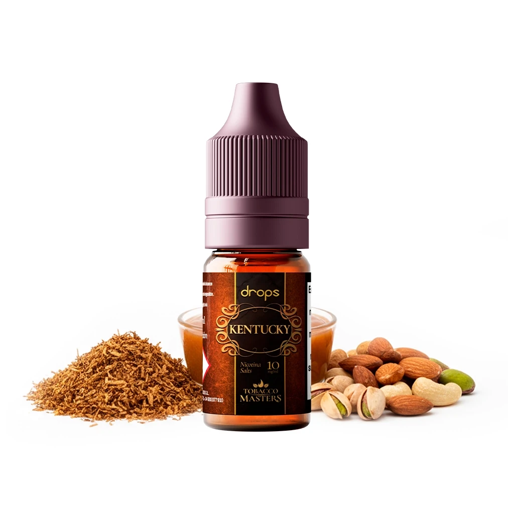 Frasco Drops Kentucky Tobacco Masters con tapón morado, rodeado de tabaco picado, frutos secos y un recipiente con líquido ámbar.