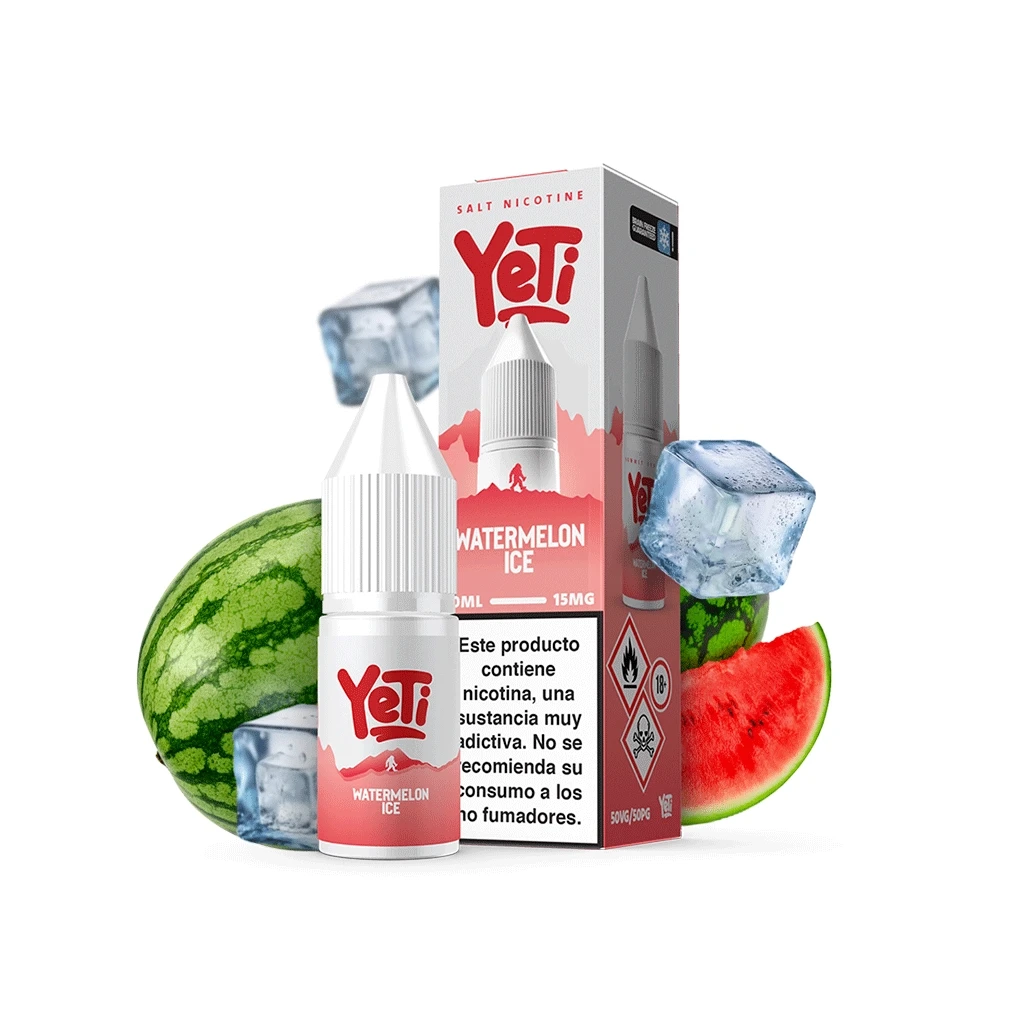 Frasco y caja Yeti Watermelon Ice con aviso sobre nicotina, acompañados de una sandía, una rodaja y cubitos de hielo sobre fondo blanco.