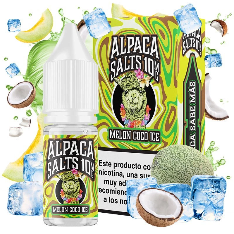 Frasco y caja de Melon Coco Ice de Alpaca Salts, con diseño verde y amarillo, rodeados de melón, coco y cubitos de hielo.