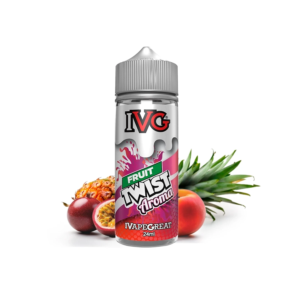 Frasco IVG Fruit Twist Aroma de 24 ml con tapón gris y etiqueta rosa, acompañado de piña, maracuyá y melocotón sobre fondo blanco.