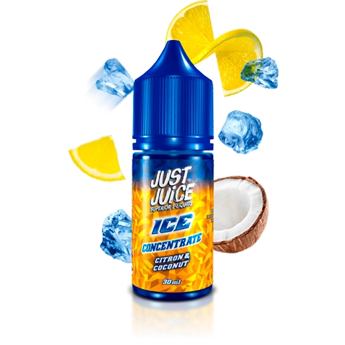Bote azul de Just Juice Ice Citron Coconut Concentrate de 30 ml, rodeado de rodajas de limón, medio coco y cubitos azules.