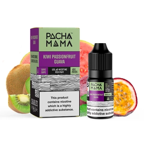 Frasco de Pachamama Kiwi Passionfruit Guava con tapón negro junto a su caja verde y morada, con kiwi, guayaba y maracuyá alrededor.