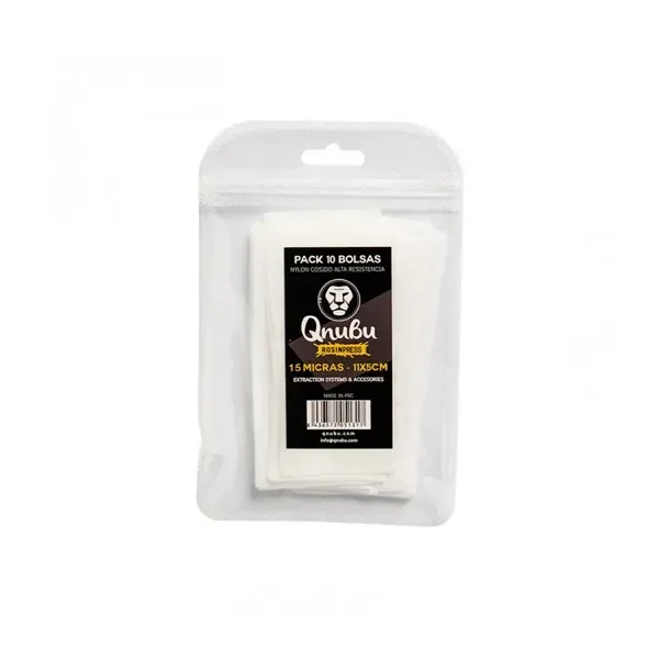 Bolsas blancas Qnubu Rosin Press en envase transparente con cierre y etiqueta negra que indica 15 micras y 11 × 5 cm.
