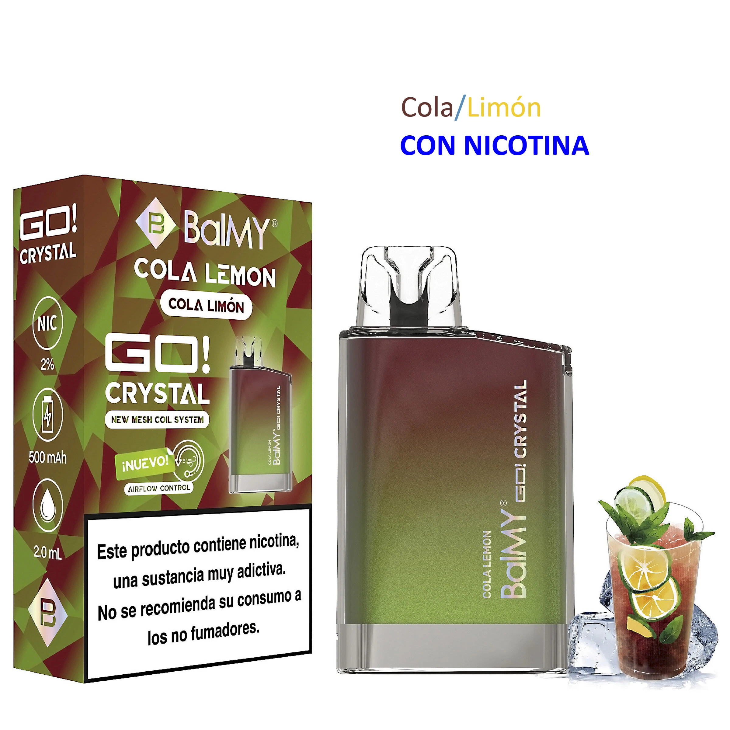 Vaper BALMY GO CRYSTAL Cola-Lemon de cuerpo verde y marrón y boquilla transparente, junto a su caja y un vaso con cítricos y hielo.