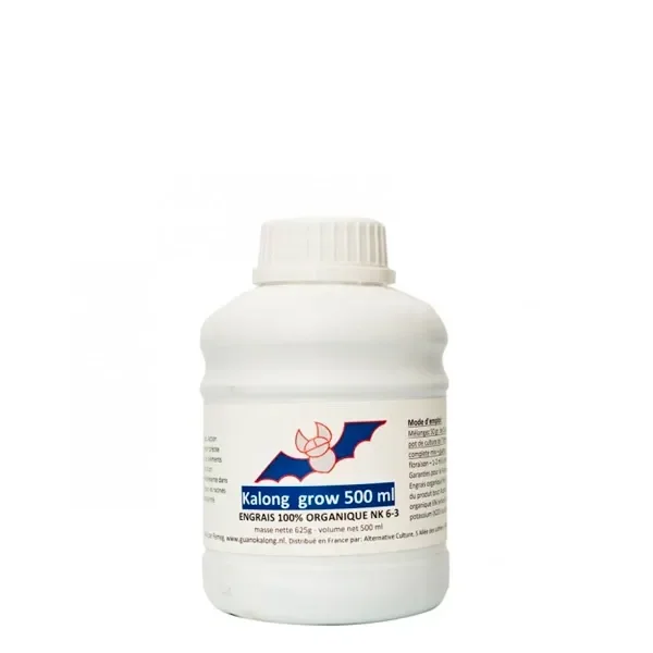 Bote blanco de Kalong Grow de 500 ml con tapón estriado y etiqueta con un murciélago y la indicación de abono orgánico NK 6-3. Bote blanco de Kalong Grow de 500 ml con tapón estriado y etiqueta con un murciélago y la indicación de abono orgánico NK 6-3.